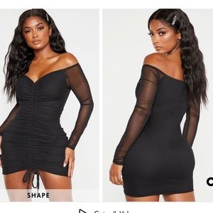 Shape Black Mesh Ruched Bardot Bodycon Dress